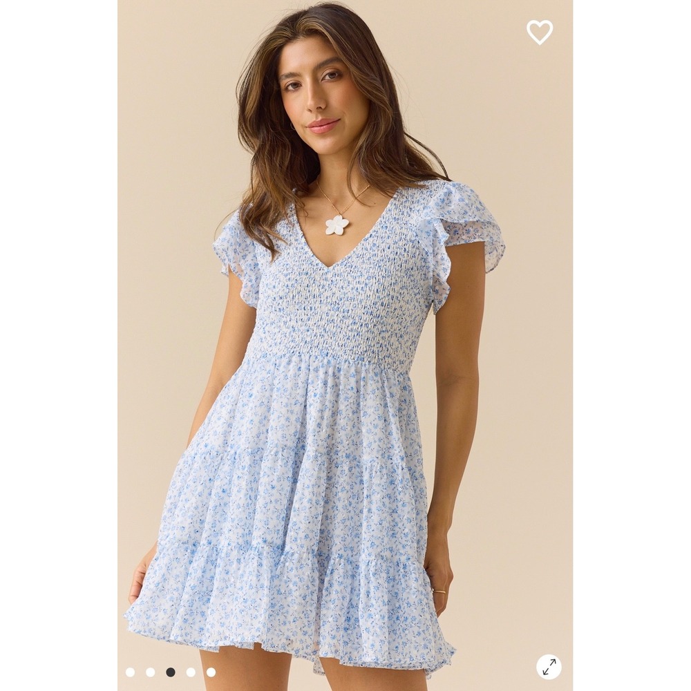 Altar'd State Blue Floral Smocked Tiered Mini Dress Back Bow Size Large